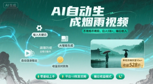 不用拍不用剪！AI自动生成烟雨视频，日入5张+，睡后收入