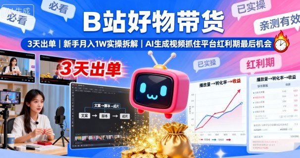 B站好物带货,3天出单,新手月入1W实操拆解,AI生成视频,抓住平台红利期最后机会