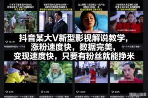 抖音某大V新型影视解说教学，涨粉速度快，数据完美，变现速度快，只要有粉丝就能挣米