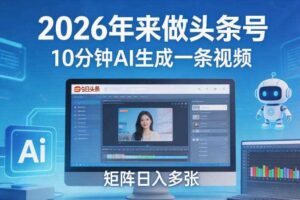 2026年来做头条号，10分钟AI生成一条视频，矩阵日入多张
