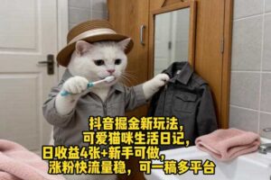 抖音掘金新玩法，可爱猫咪生活日记，日收益4张+新手可做，涨粉快流量稳，可一稿多平台